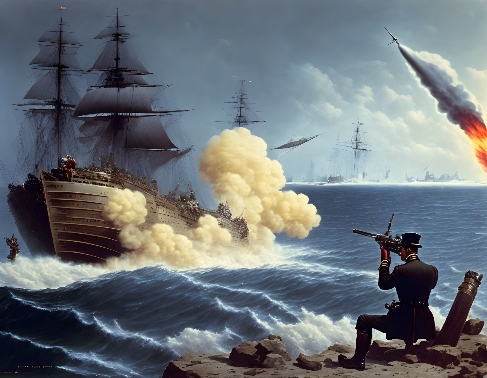 Naval battle scene with burning ship and officer with telescope.