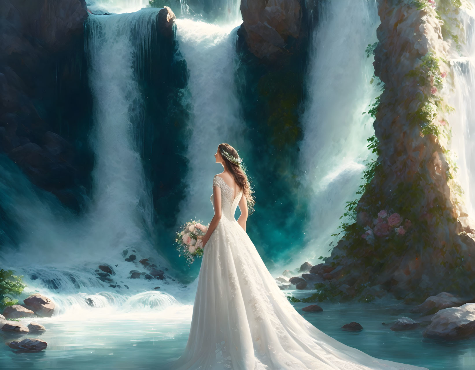 Bride in white gown with floral crown at majestic waterfall