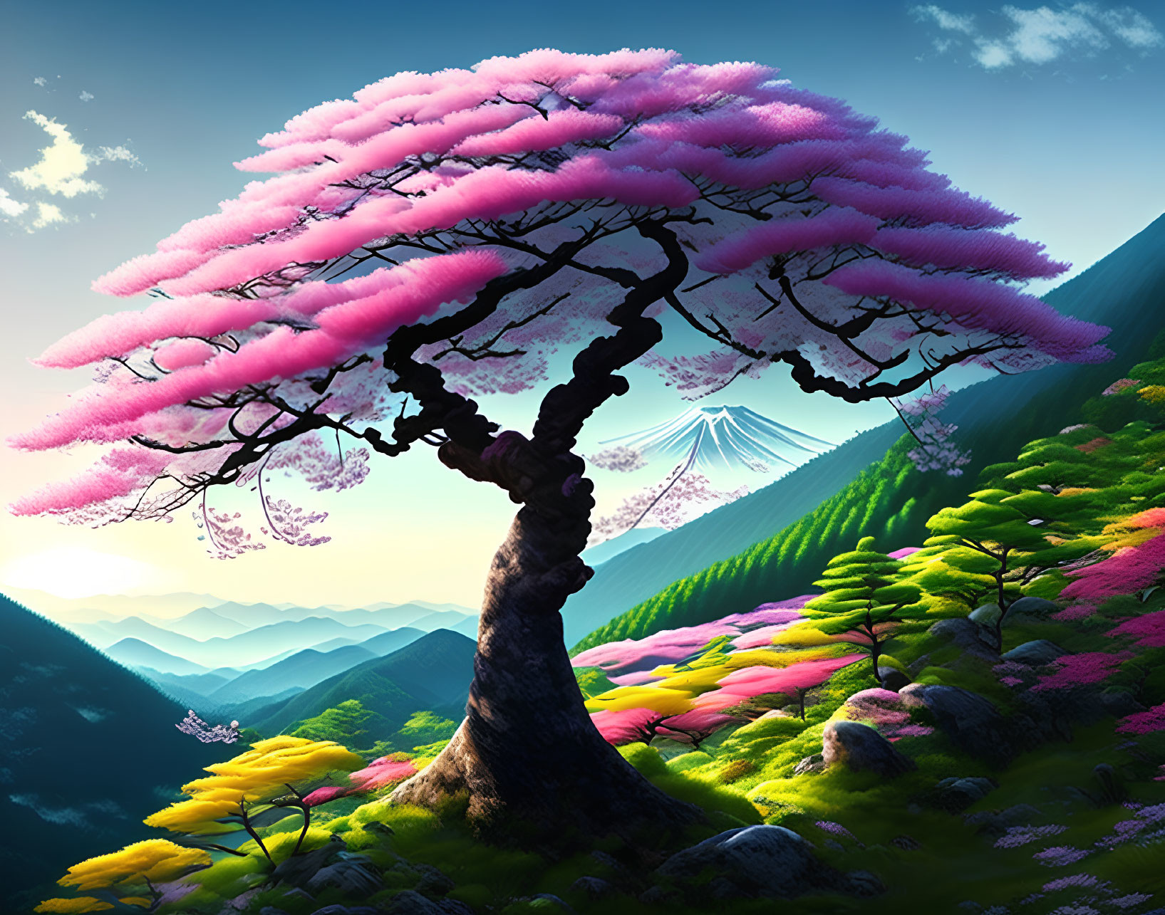 Majestic pink cherry blossom tree on grassy hill with mountain view