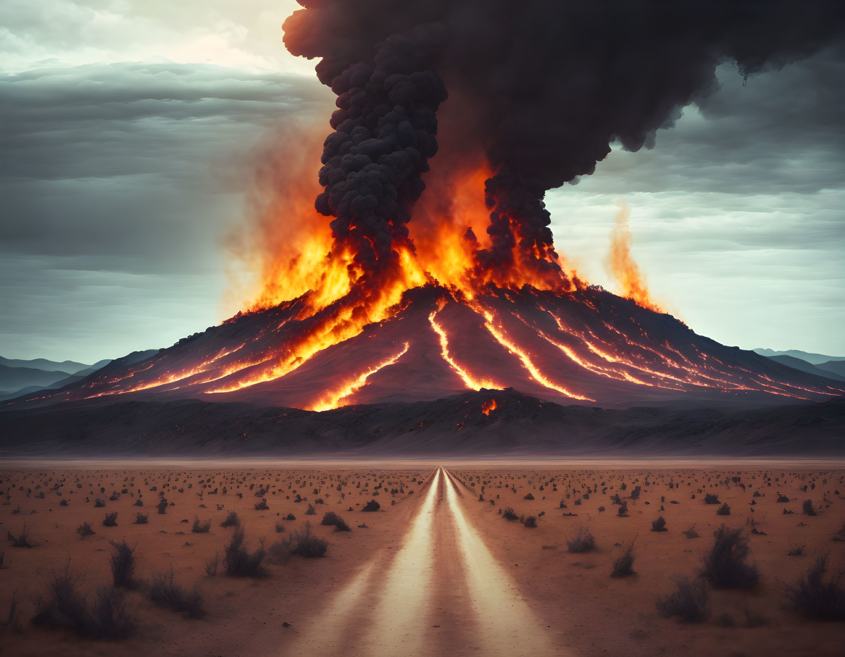 Massive volcano erupts, spewing lava and ash clouds over straight road in barren landscape