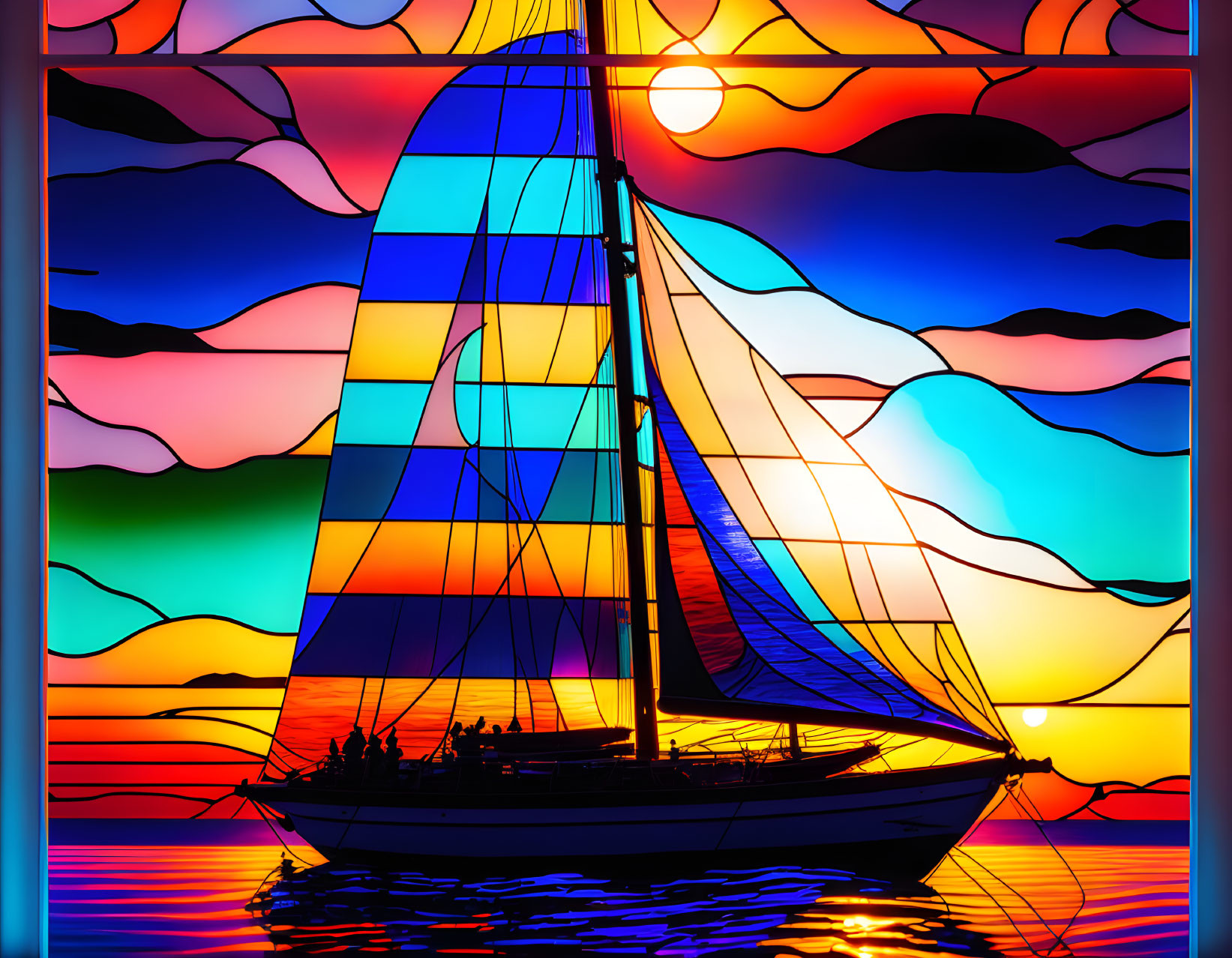 Colorful Stained Glass Sailboat Sunset Art