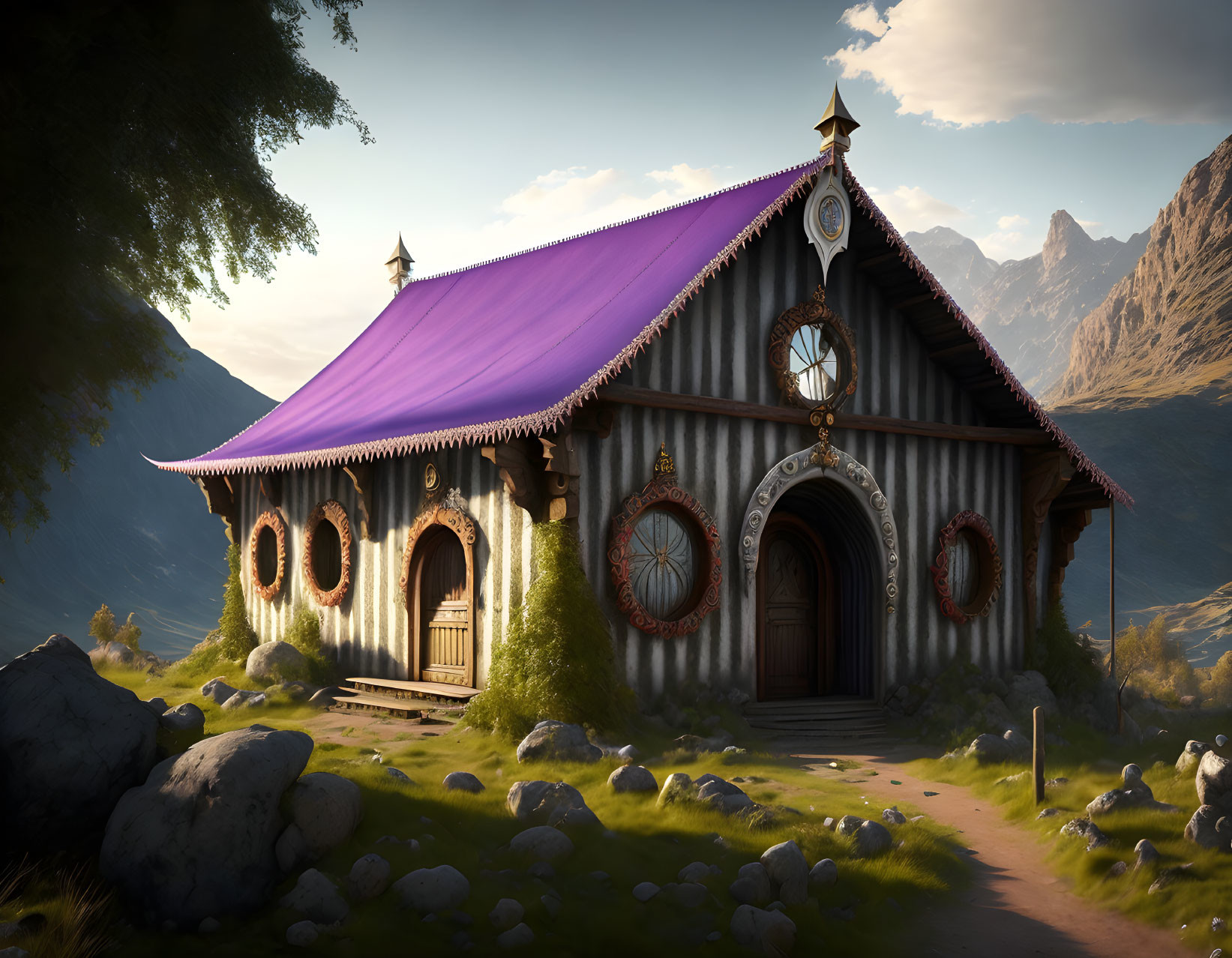 Whimsical cottage with purple roof and mountain backdrop