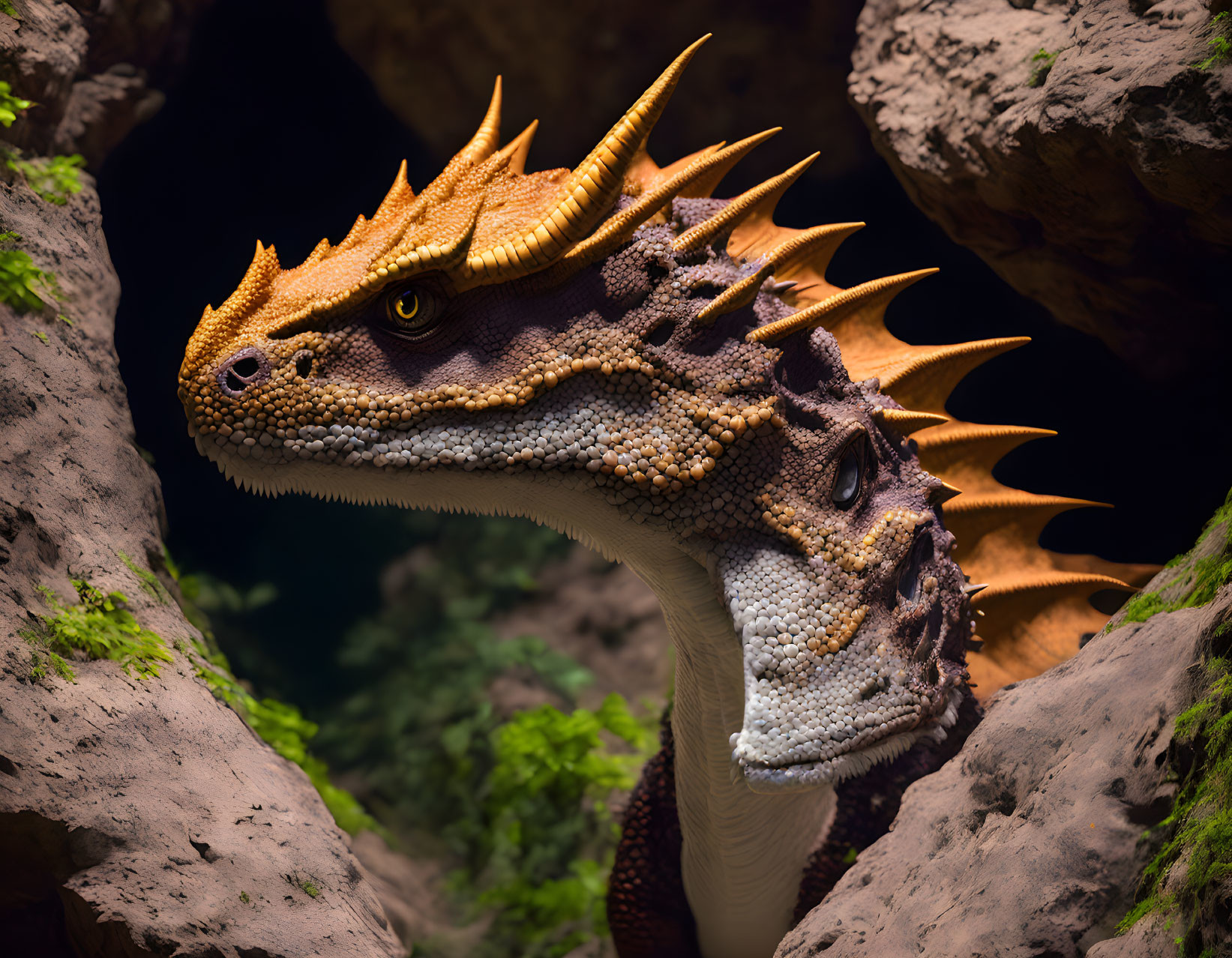 Realistic CGI dragon head with orange spikes and scales in dark cave.