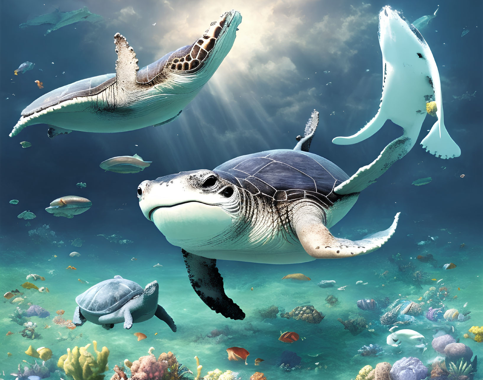 Sea Turtles and Colorful Fish in Vibrant Underwater Scene