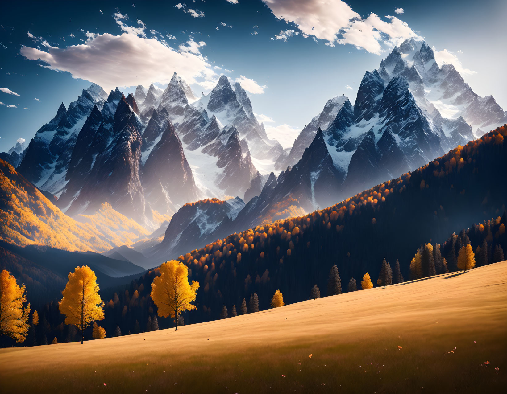 Snow-capped mountains above autumn forest and blue sky