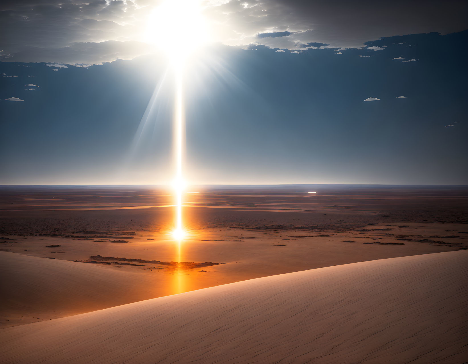 Sunrise or Sunset Desert Landscape with Sun Reflection on Sand Dunes