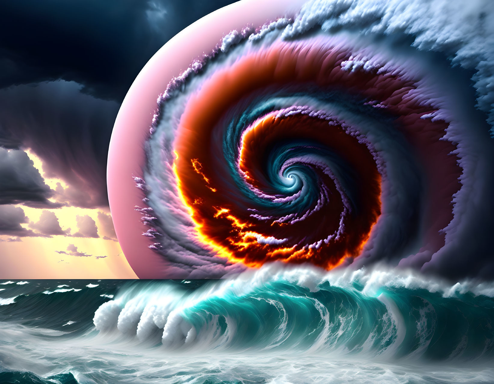 Massive swirling vortex over stormy ocean waves at sunset