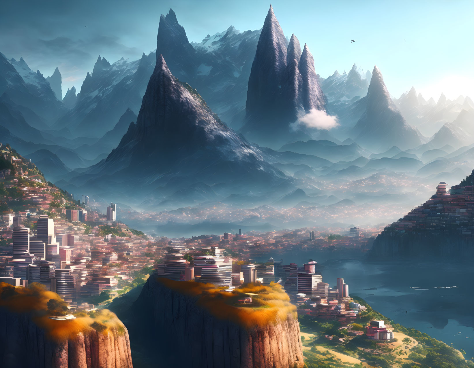 Futuristic city on terraced cliffs, serene lake, sharp mountains