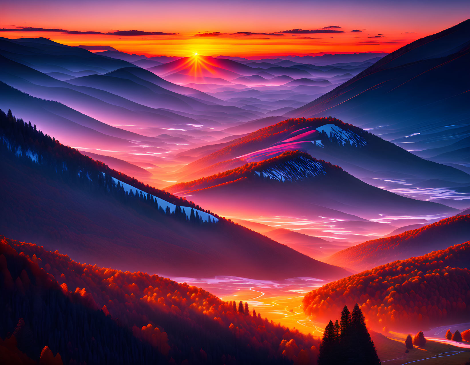 Colorful sunset over misty mountains with winding river and red forest hues