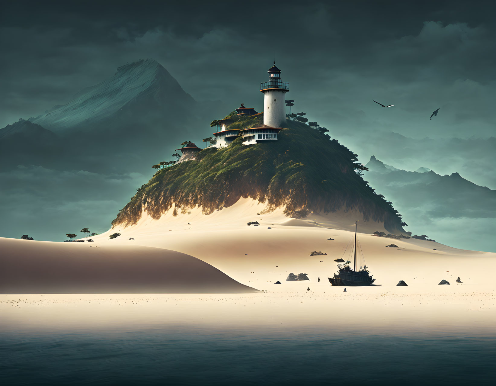 Lighthouse overlooking shipwreck on green hill by misty mountains