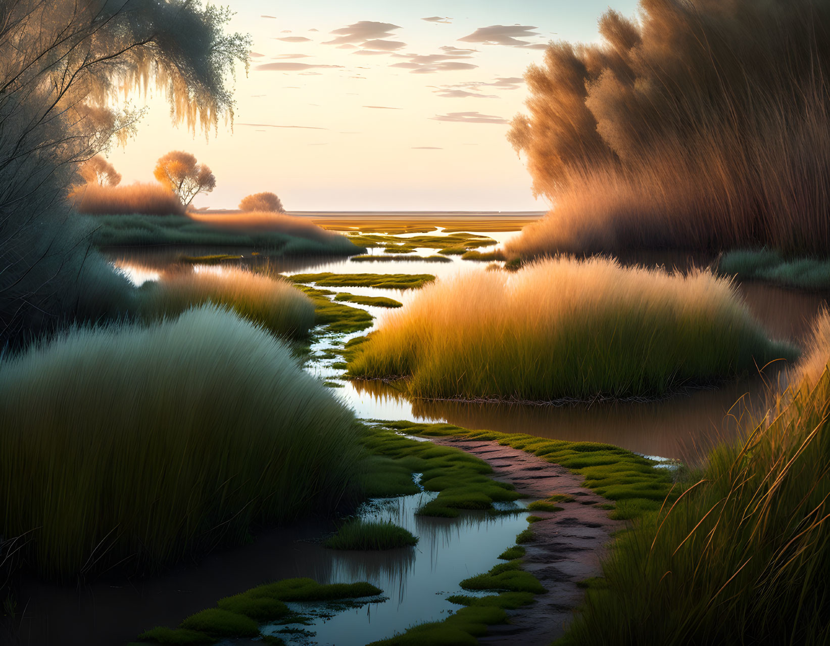 Tranquil sunset landscape with winding path through lush marshland