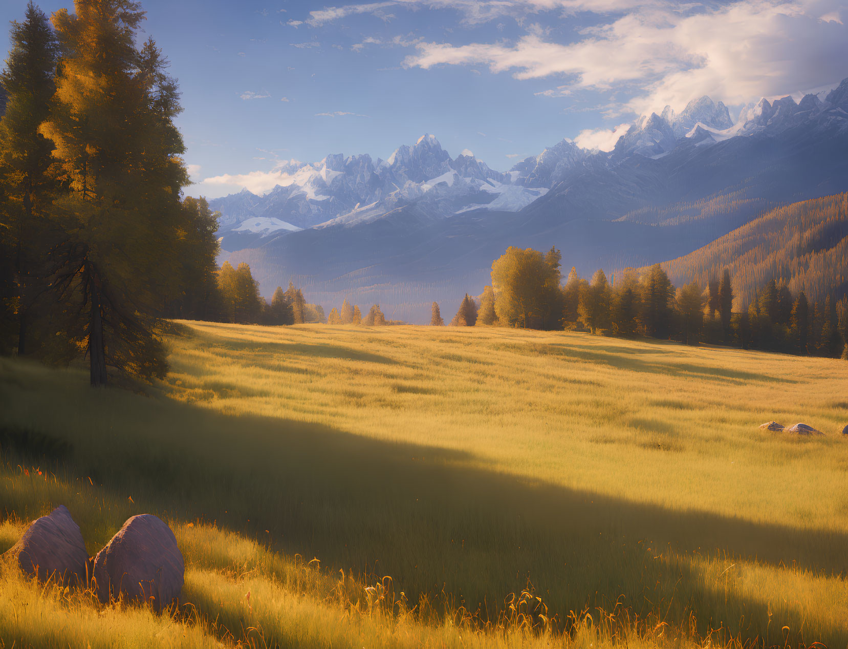 Golden meadow with tall grass, snow-capped mountains, and clear sky