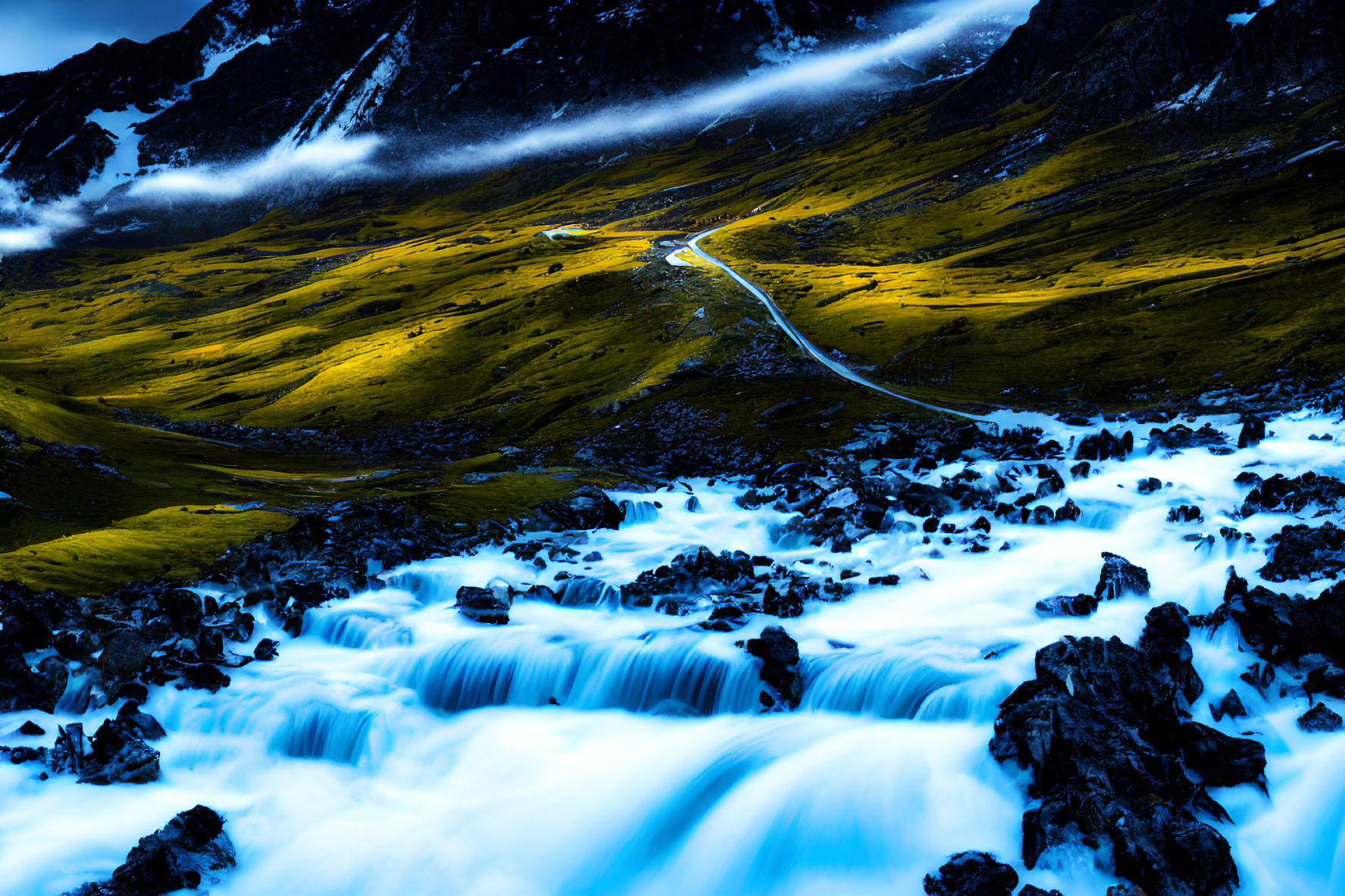 Majestic mountains and silky blue river in vibrant scene