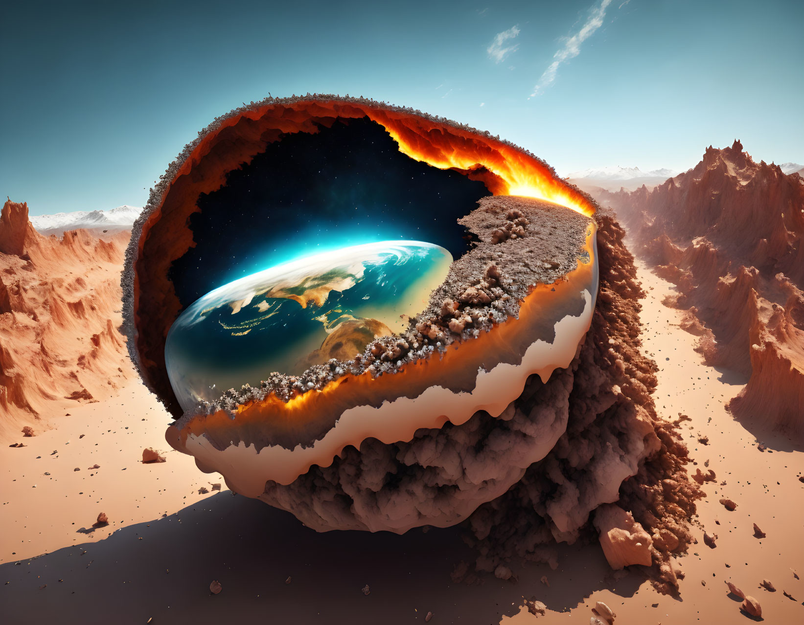 Surreal Earth emerging from fiery seed pod in desert landscape