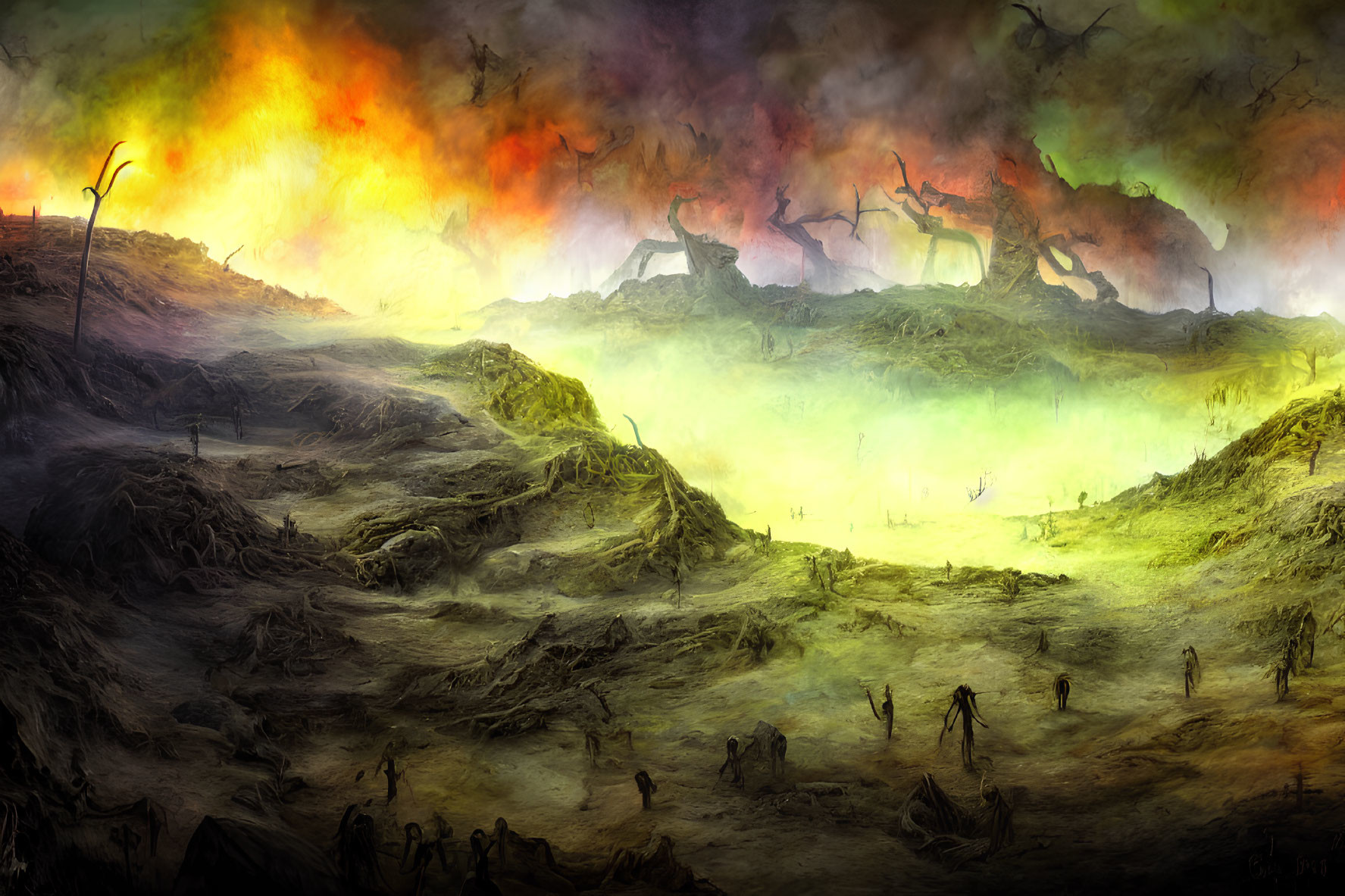 Apocalyptic landscape with skeletal figures under fiery sky