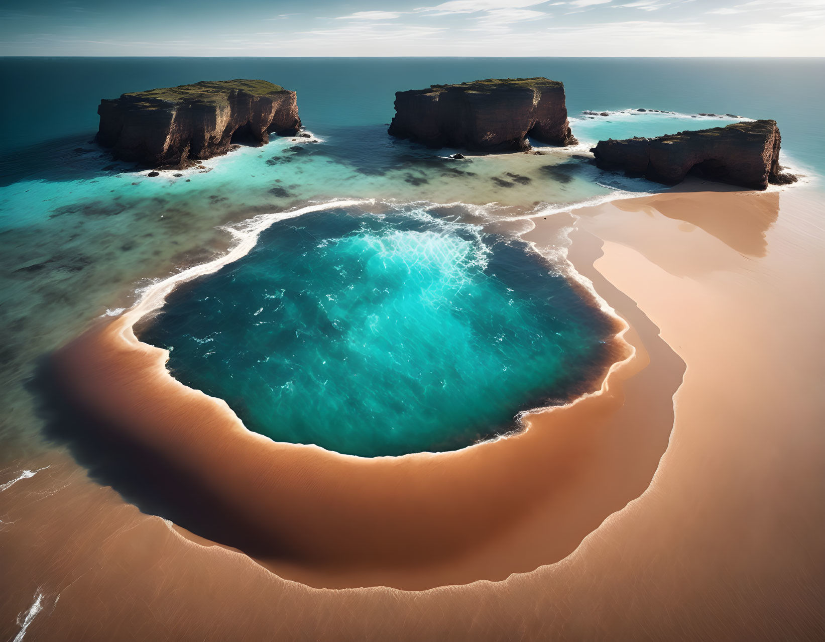 Crystal-clear blue sinkhole on sandy beach with sea cliffs under clear sky