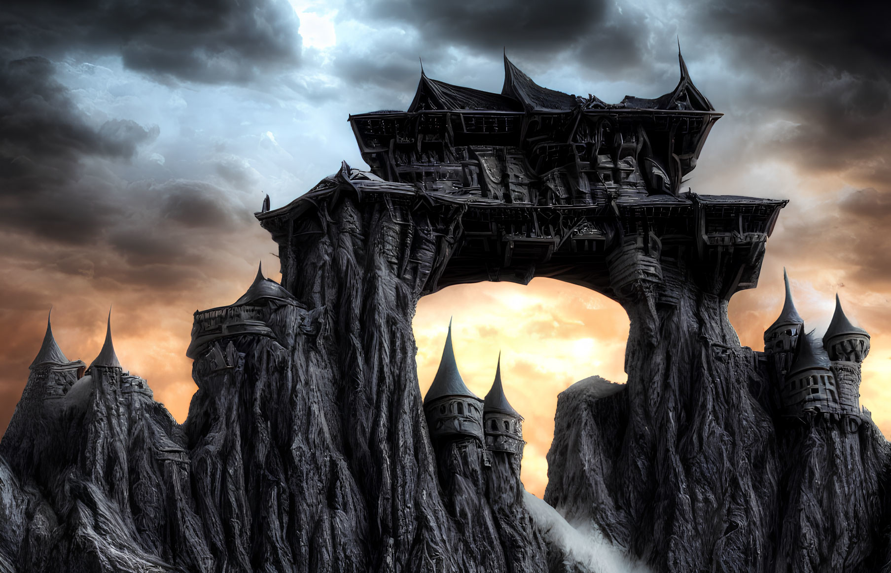 Imposing fantasy castle on rugged cliffs under dramatic cloudy sky