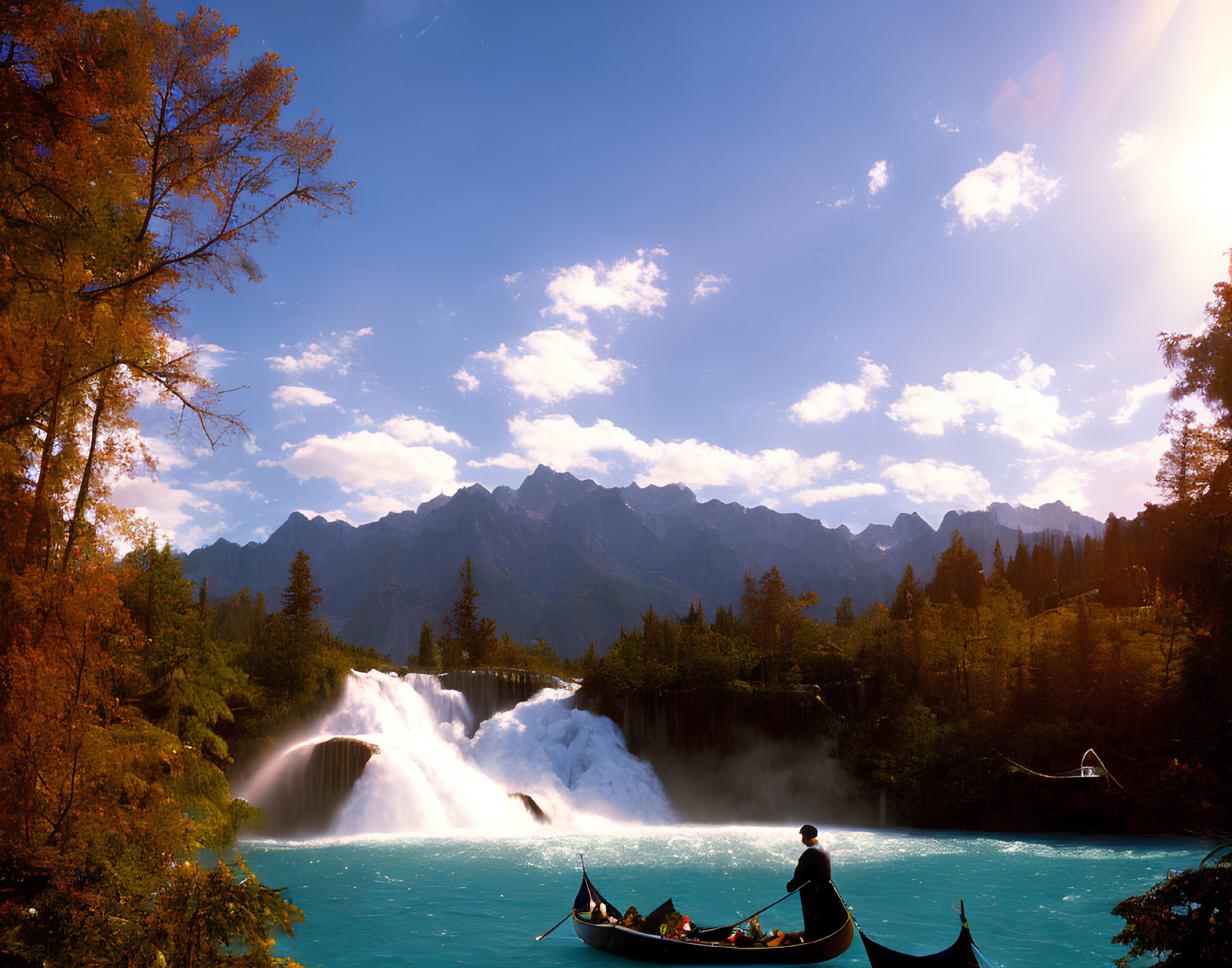 Tranquil landscape with turquoise lake, waterfall, gondola, and mountain range under sunny autumn