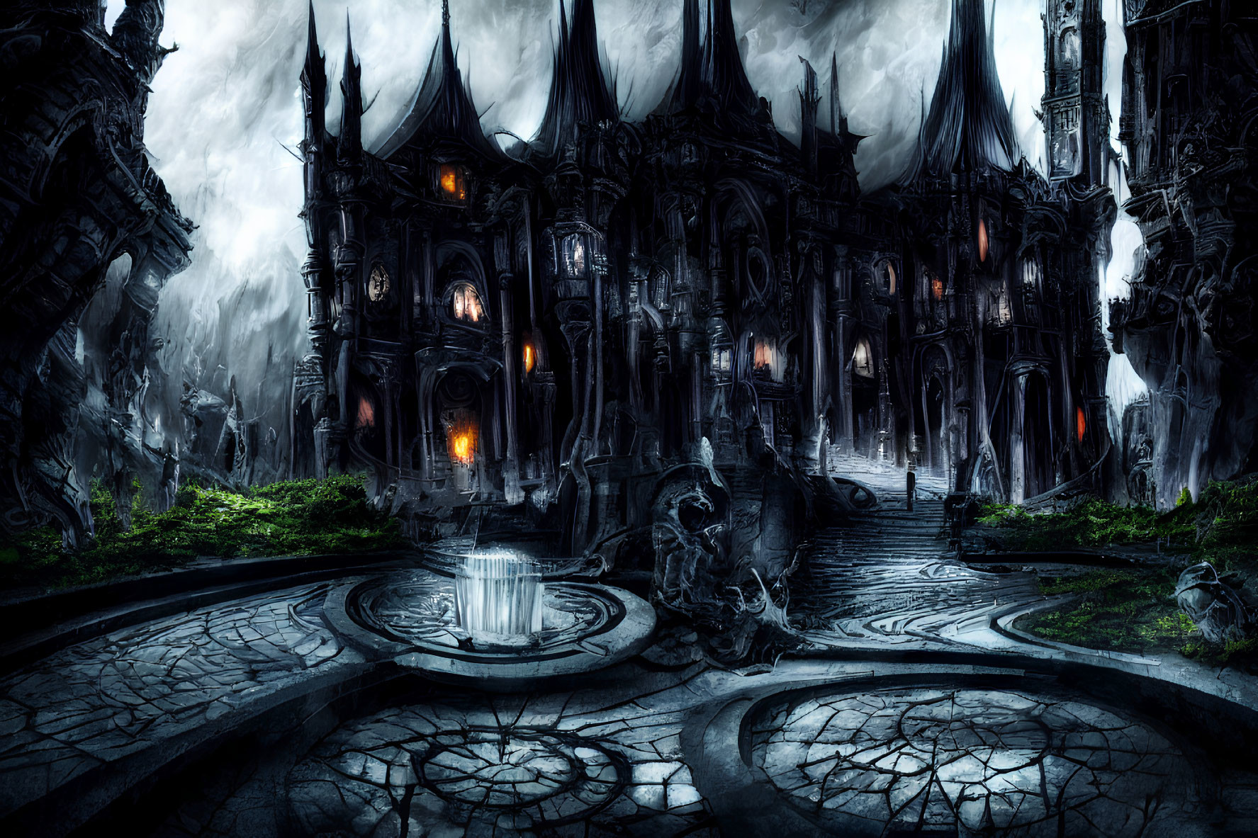 Gothic castle with towering spires and torch-lit pathways