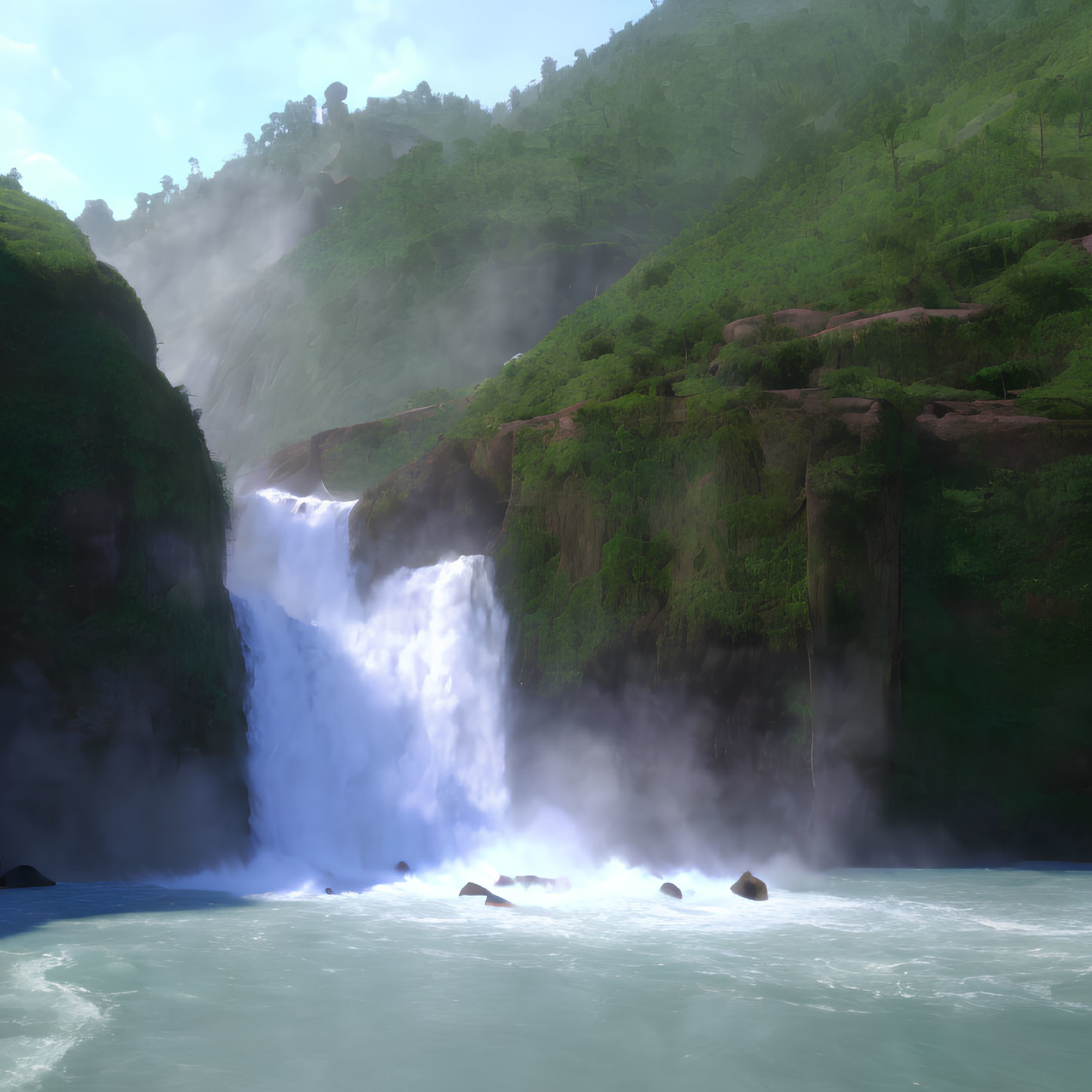 Majestic waterfall surrounded by lush greenery and hills