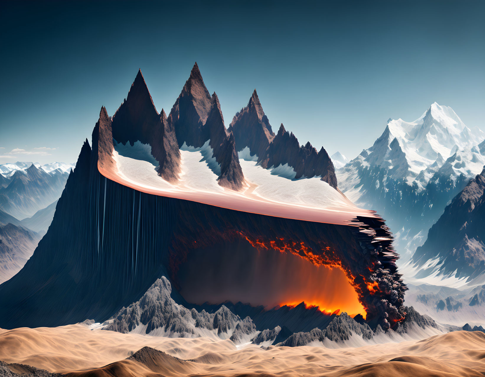 Snowy mountain range with lava-spilling peak in golden desert landscape