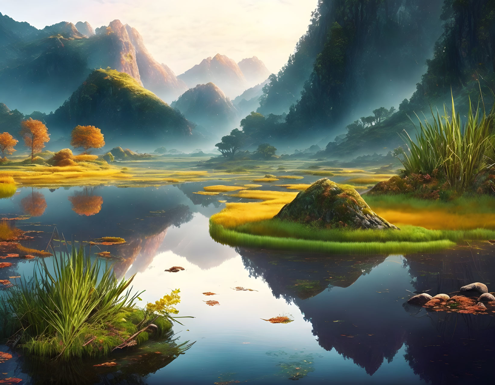 Tranquil landscape: greenery, orange trees, water reflecting mountains, morning light in misty