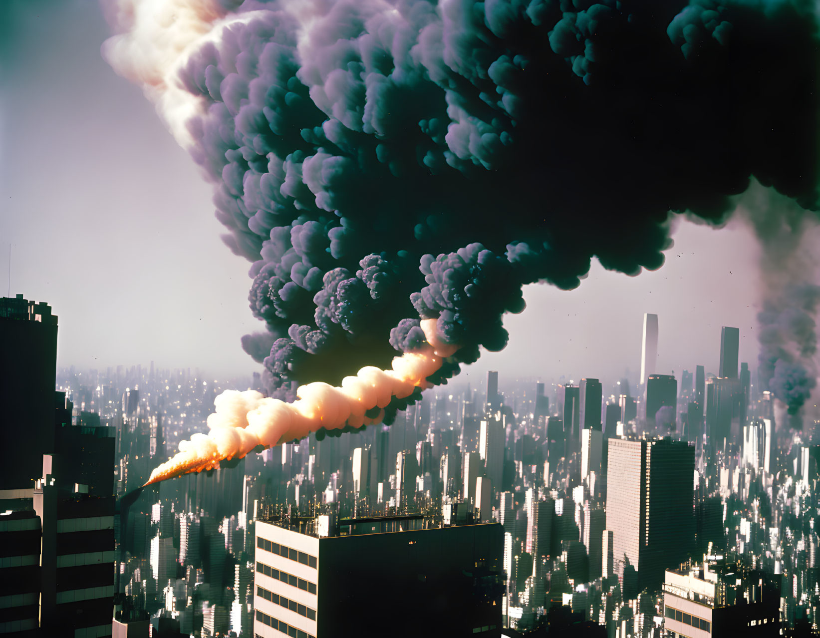 Cityscape engulfed in massive fiery explosion and dark smoke at dusk or dawn