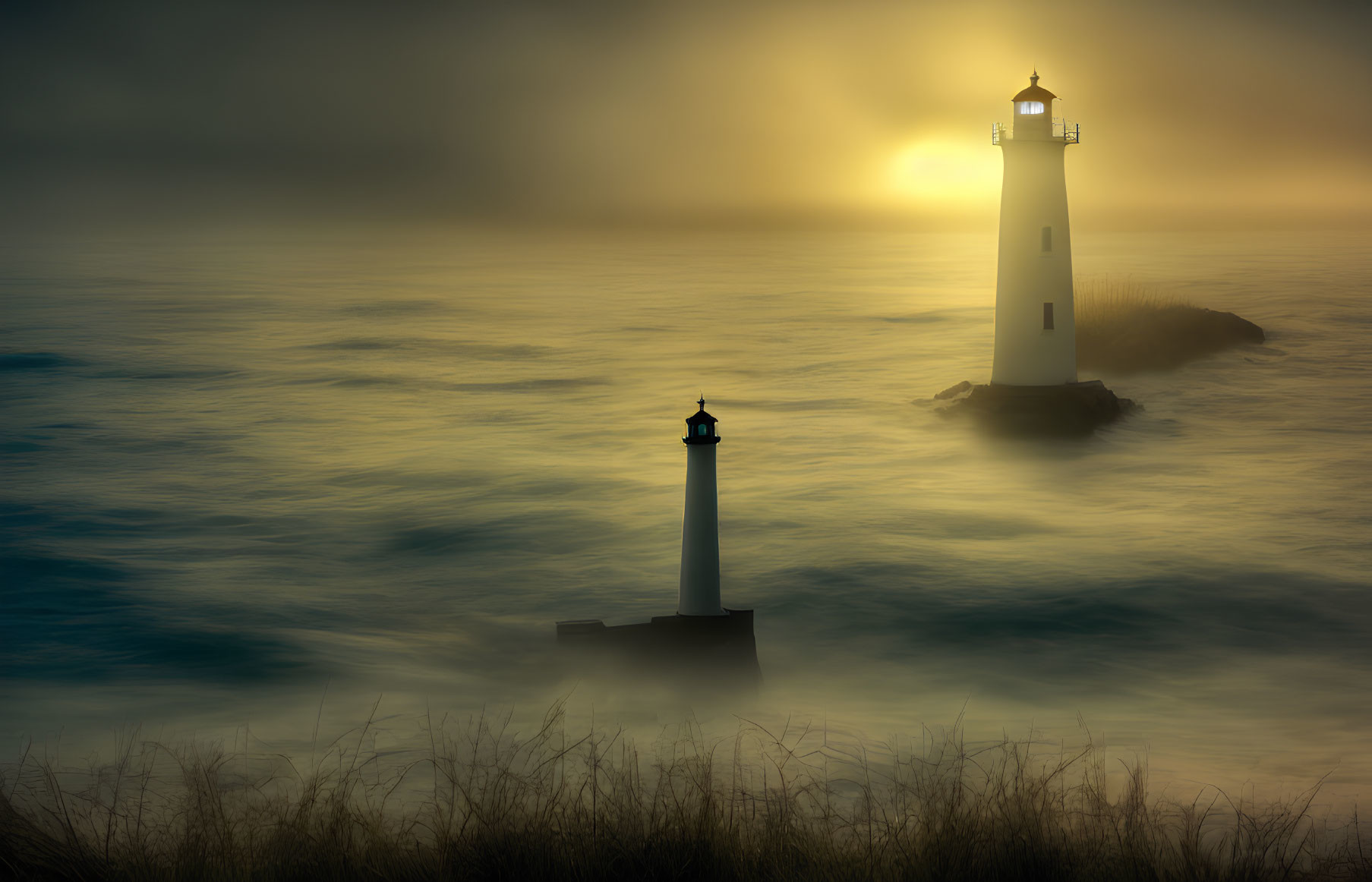 Two lighthouses in misty waters at sunset