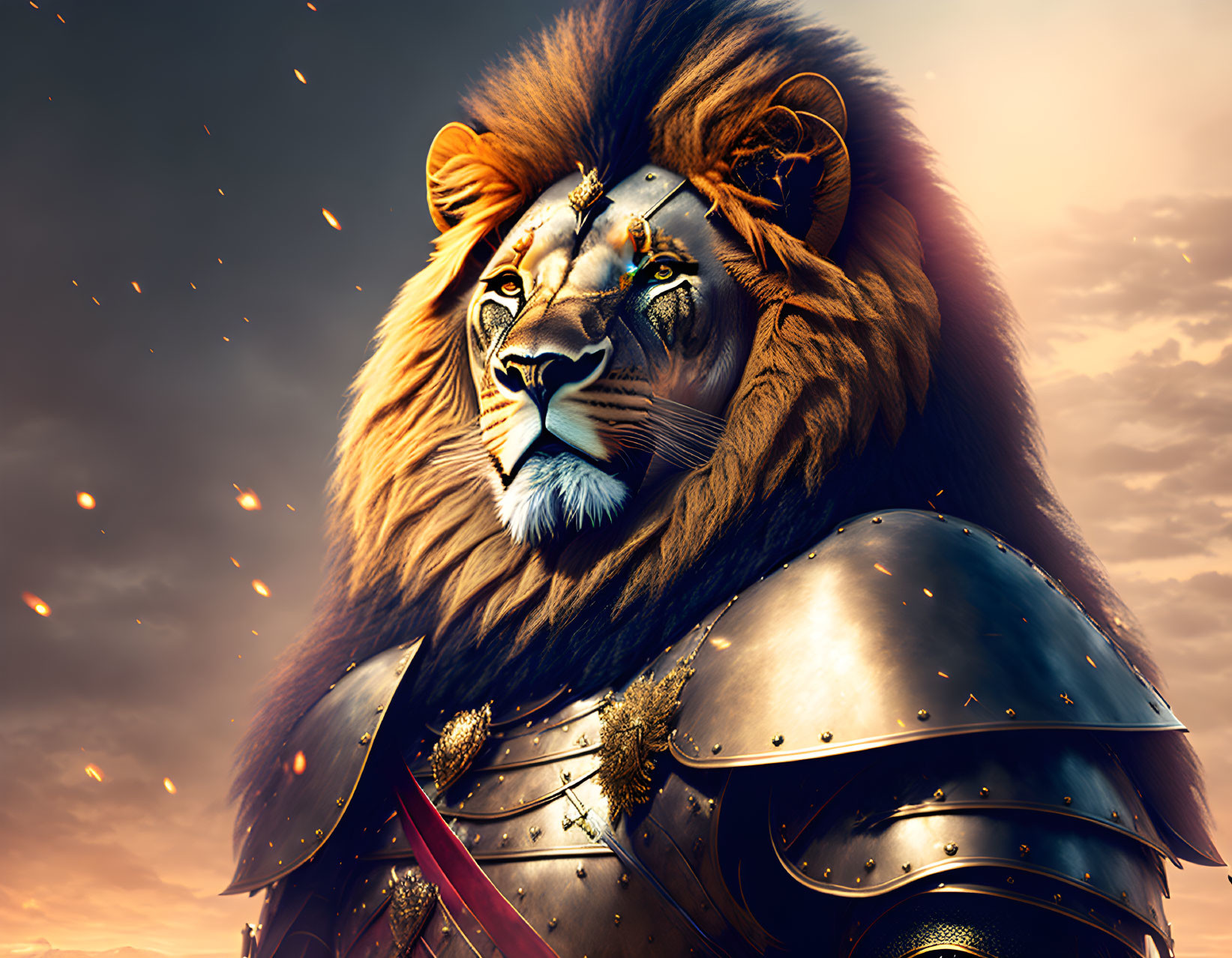 Majestic lion in ornate armor at sunset with embers