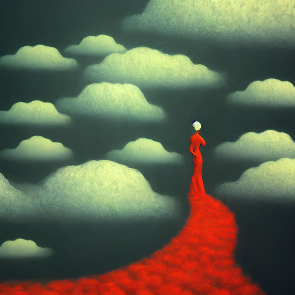 Solitary figure in red walking on crimson path in ethereal landscape