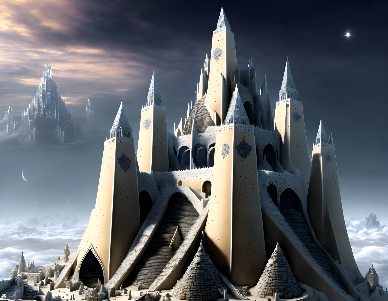 Fantasy castle with spires in dramatic sky over desolate landscape