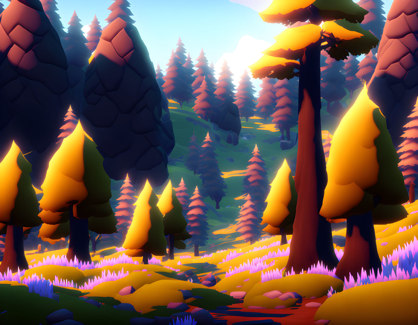 Colorful forest scene with stylized trees, orange and purple flora, tranquil stream.