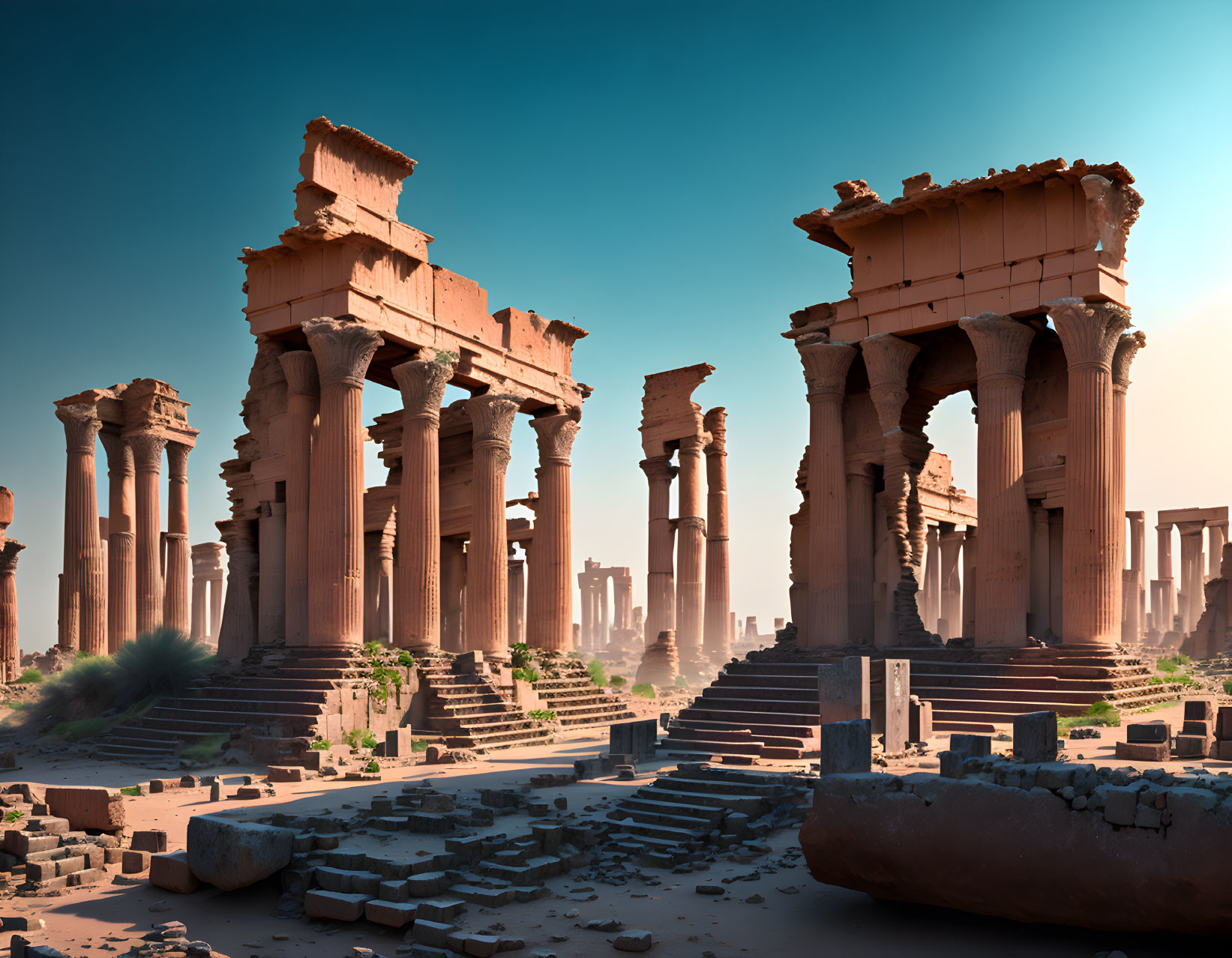 Towering columns in ancient desert ruins under clear blue sky