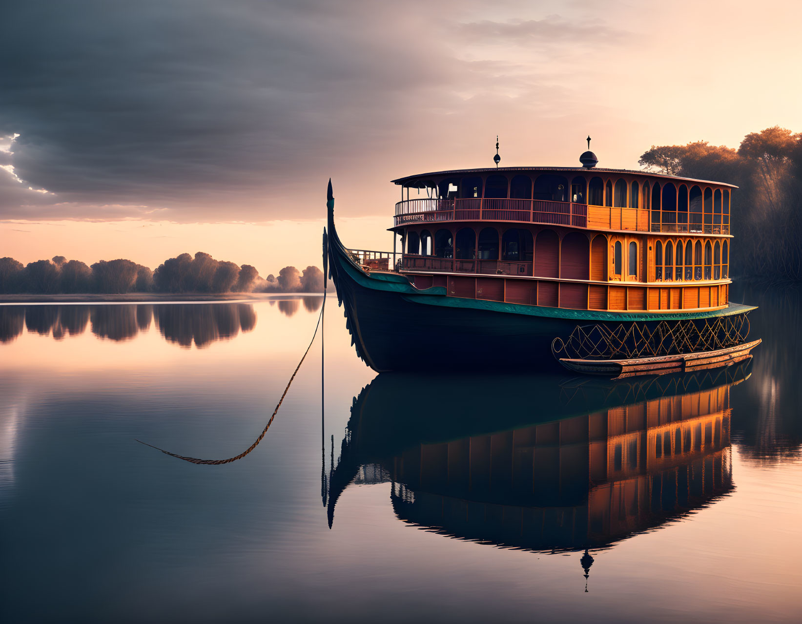 Vintage paddle steamer anchored at serene dusk on calm water