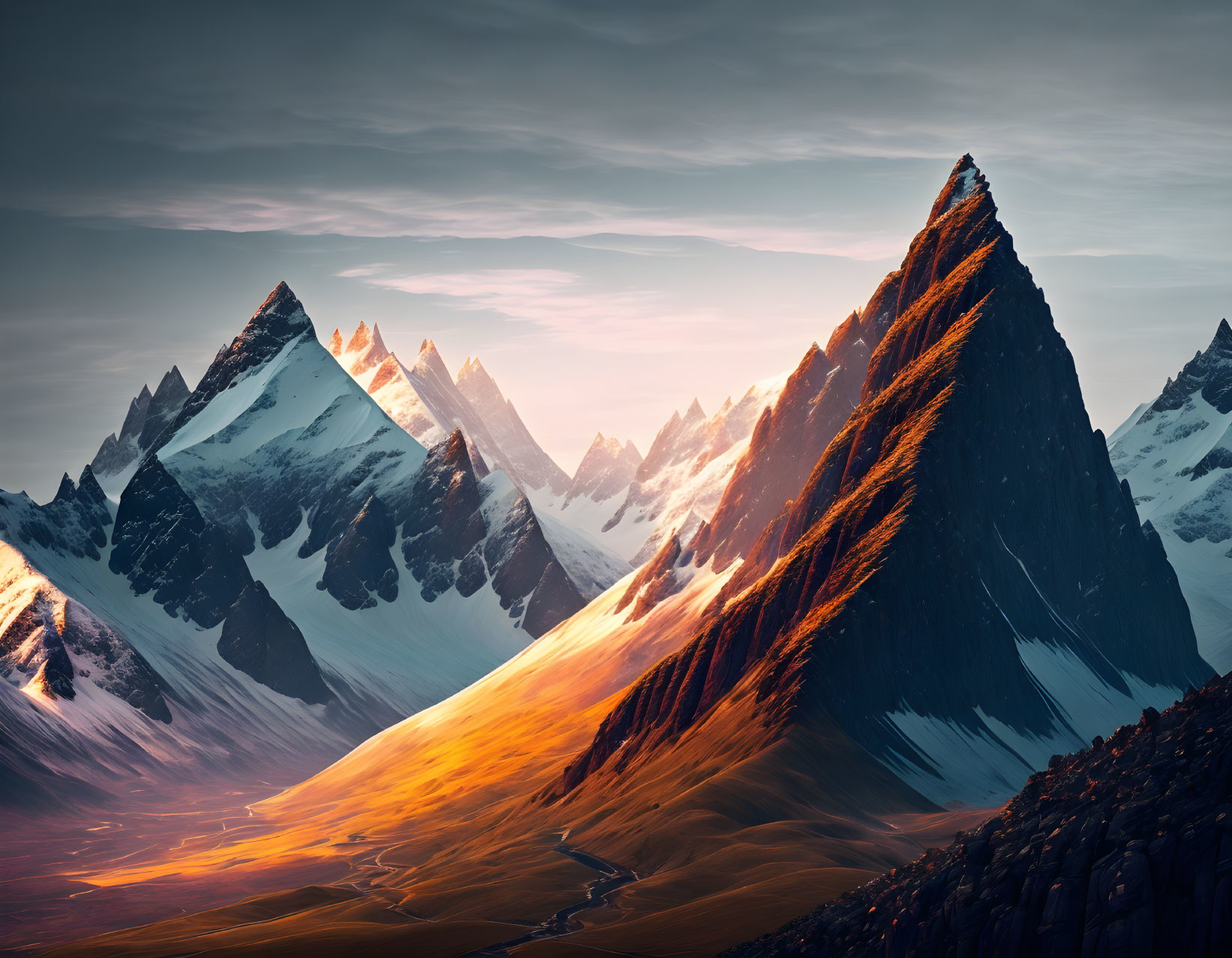 Majestic sunset over sharp mountain peaks