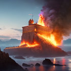 Fantastical castle on cliff at sunset with fiery sky and sailing ships on calm sea