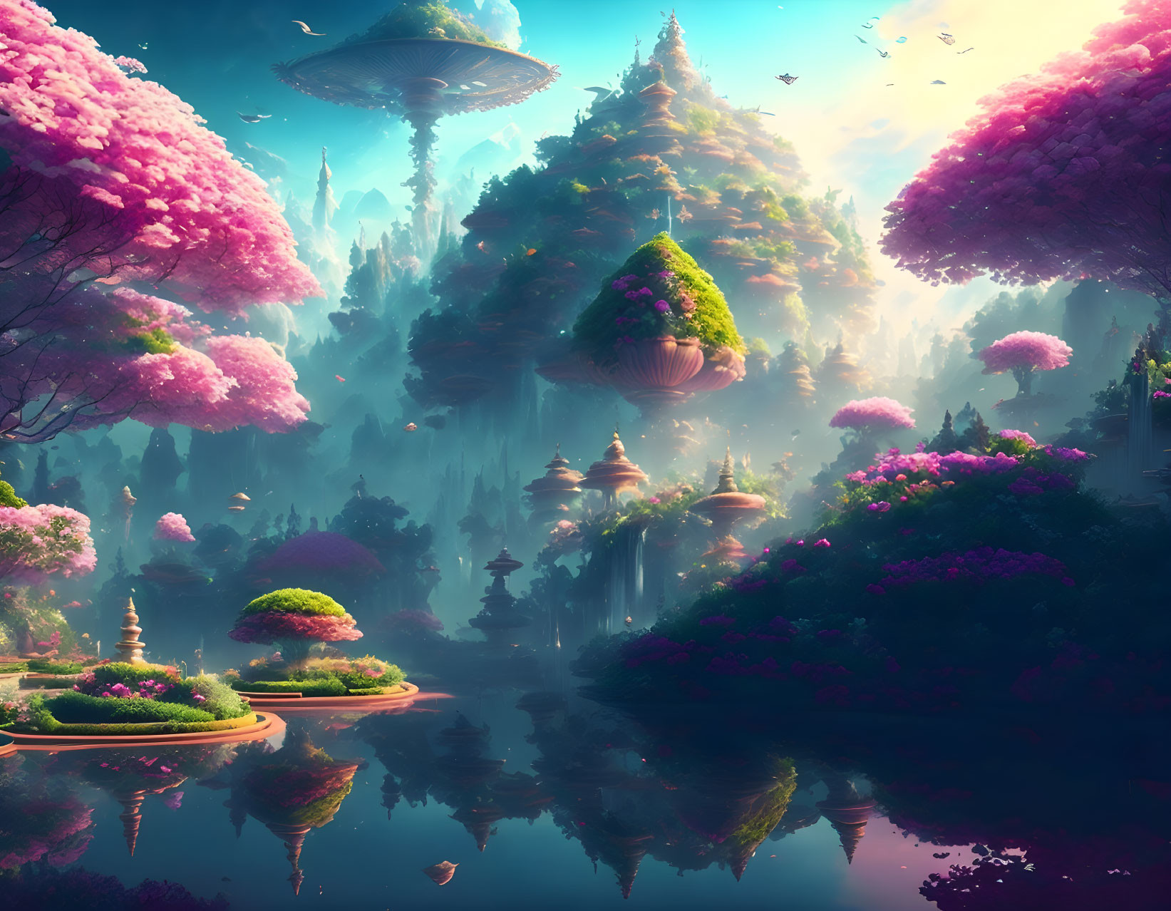 Fantastical landscape with pink foliage, floating islands, and futuristic structures