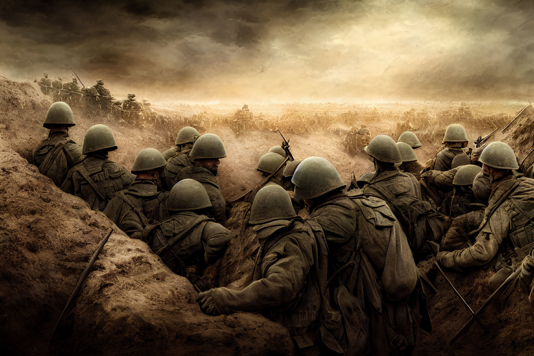 Soldiers in helmets crouched in trench on tense battlefield.