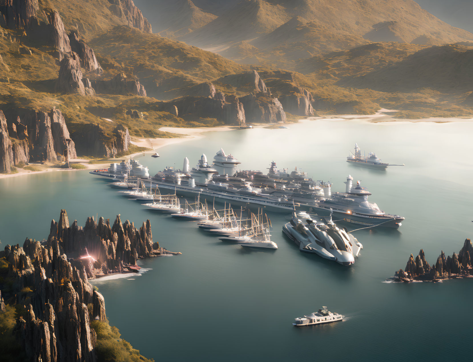 Tranquil bay with ships and yachts, cliffs, and golden-hour light