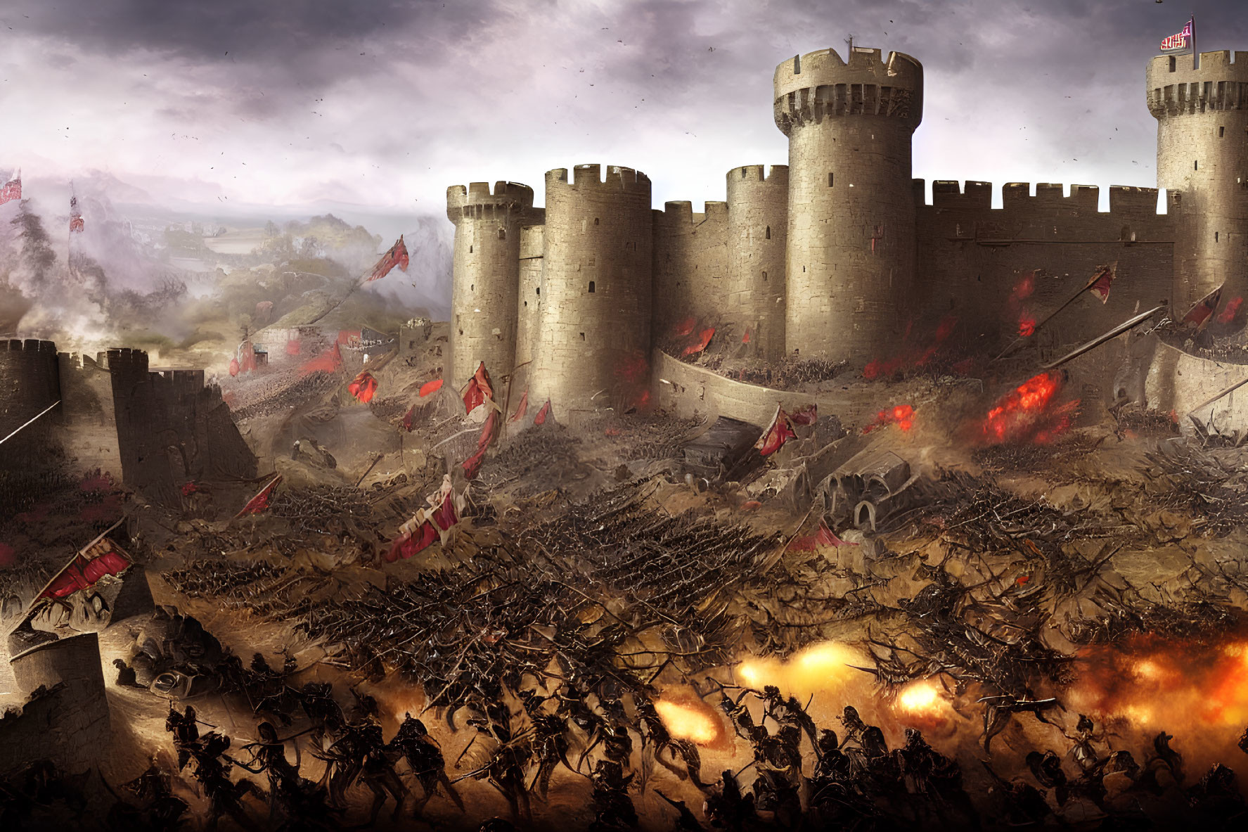 Medieval castle siege with battling armies, fireballs, smoke, and fluttering banners