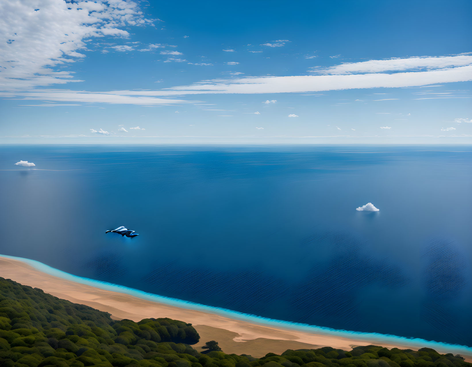 Tranquil coastal scene with blue sky, calm ocean, sandy beach, and low-flying plane