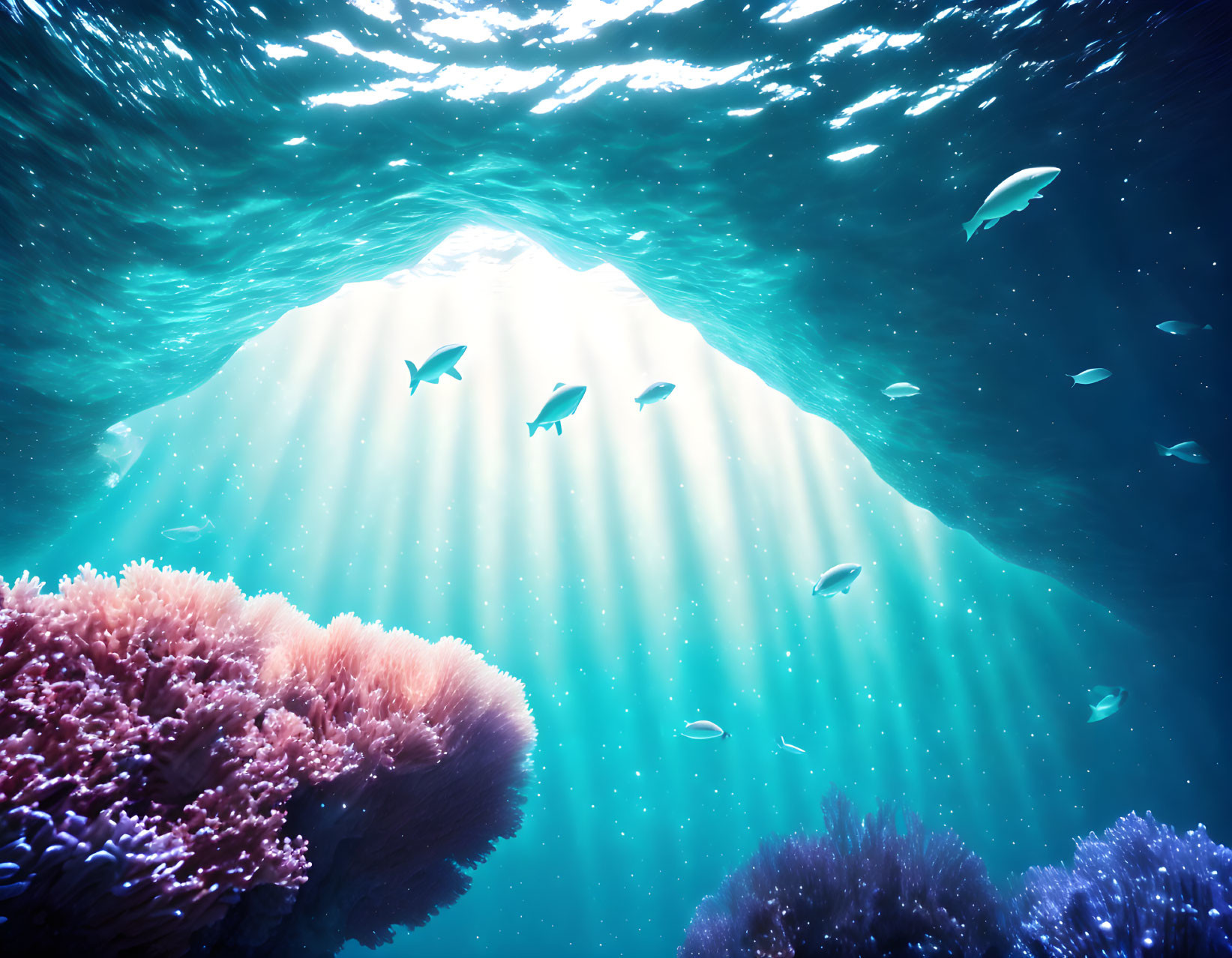 Marine life: Fish among coral reefs in sunlit underwater scene