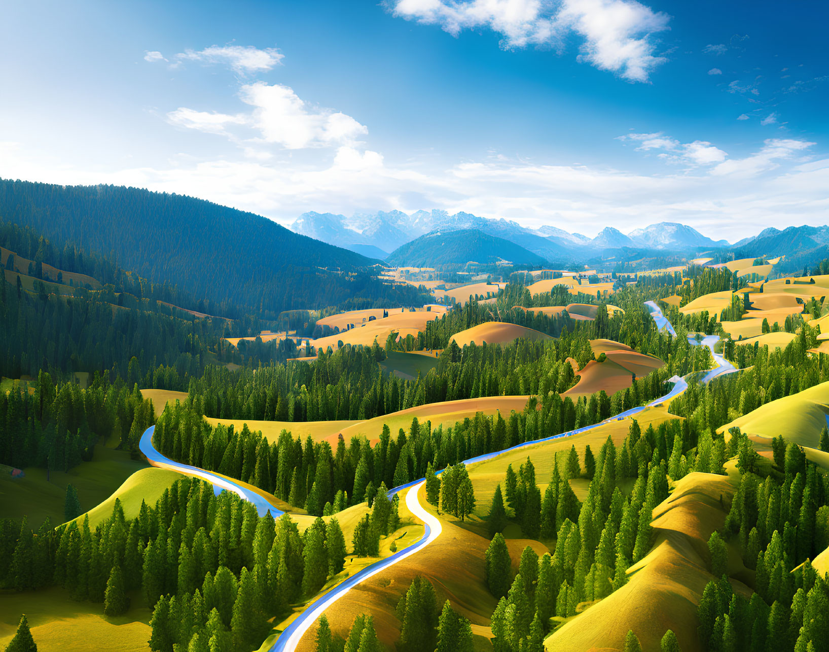 Scenic landscape: winding river, rolling hills, dense forests, snow-capped mountains