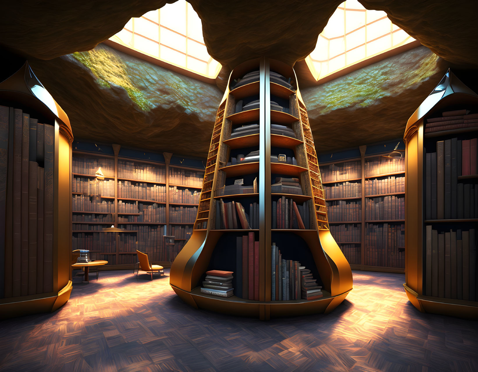 Circular Library with Spiral Staircase and Bookshelves