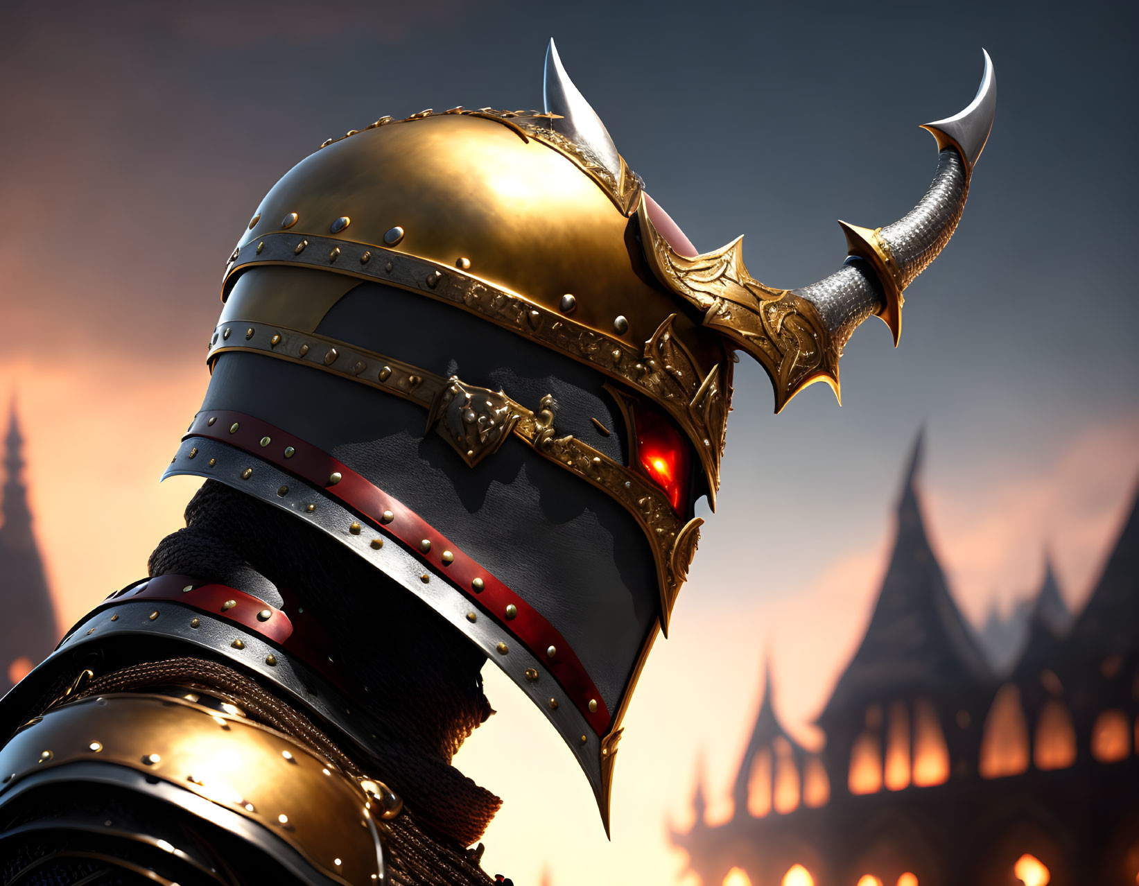 Knight in ornate armor with horned helmet against dusky sky and gothic towers