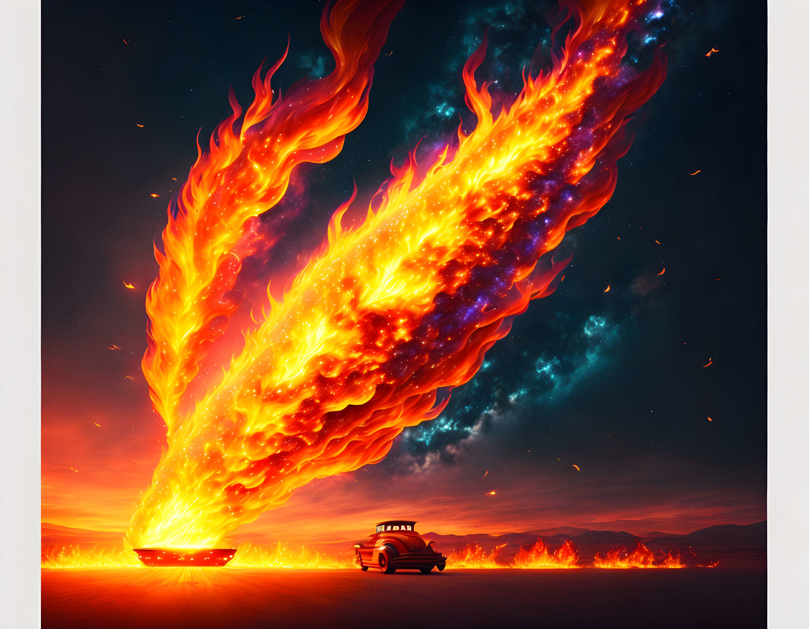 Digital artwork: Classic car and fiery phoenix in red sky