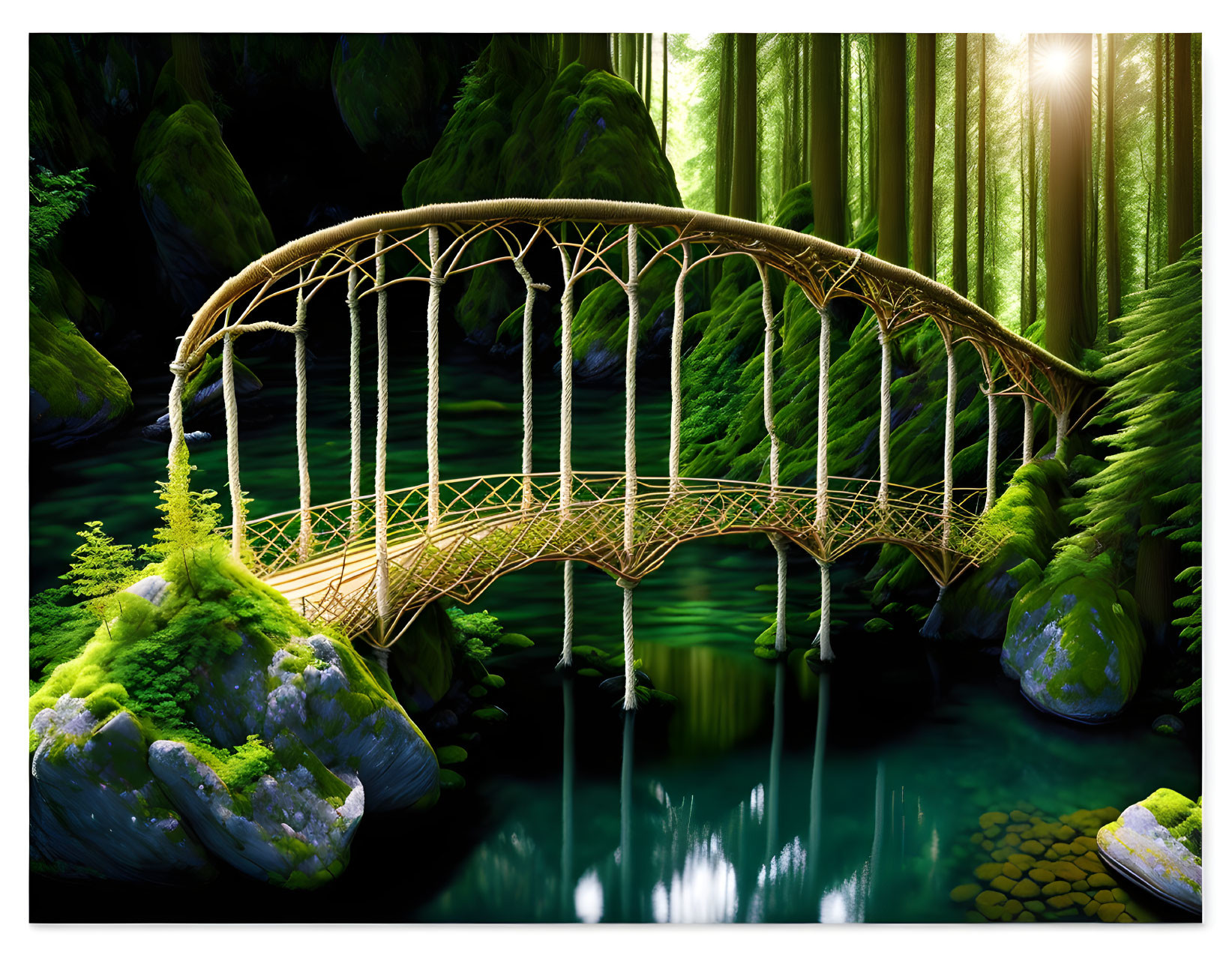 Scenic wooden bridge over serene stream in sunlit forest