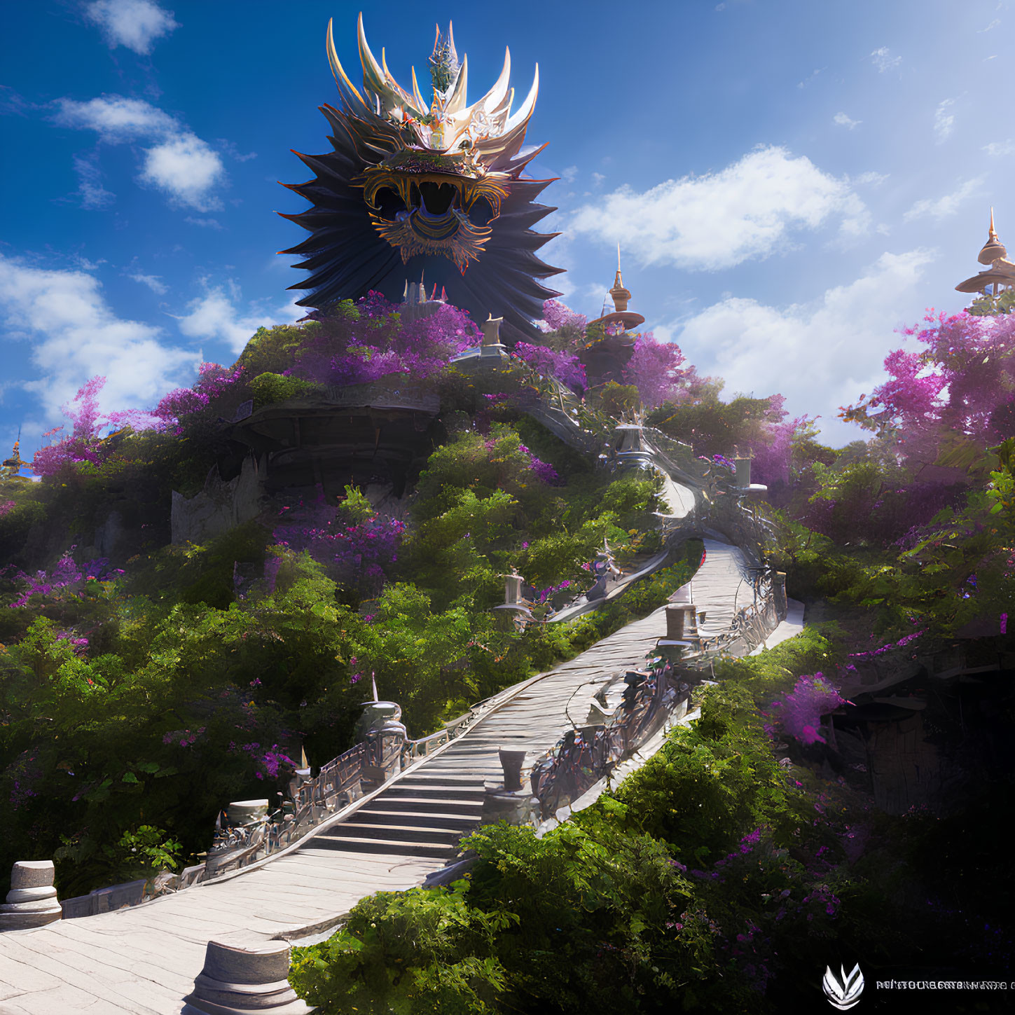 Verdant cliff temple with pink blossomed trees and ornate mask-like structure