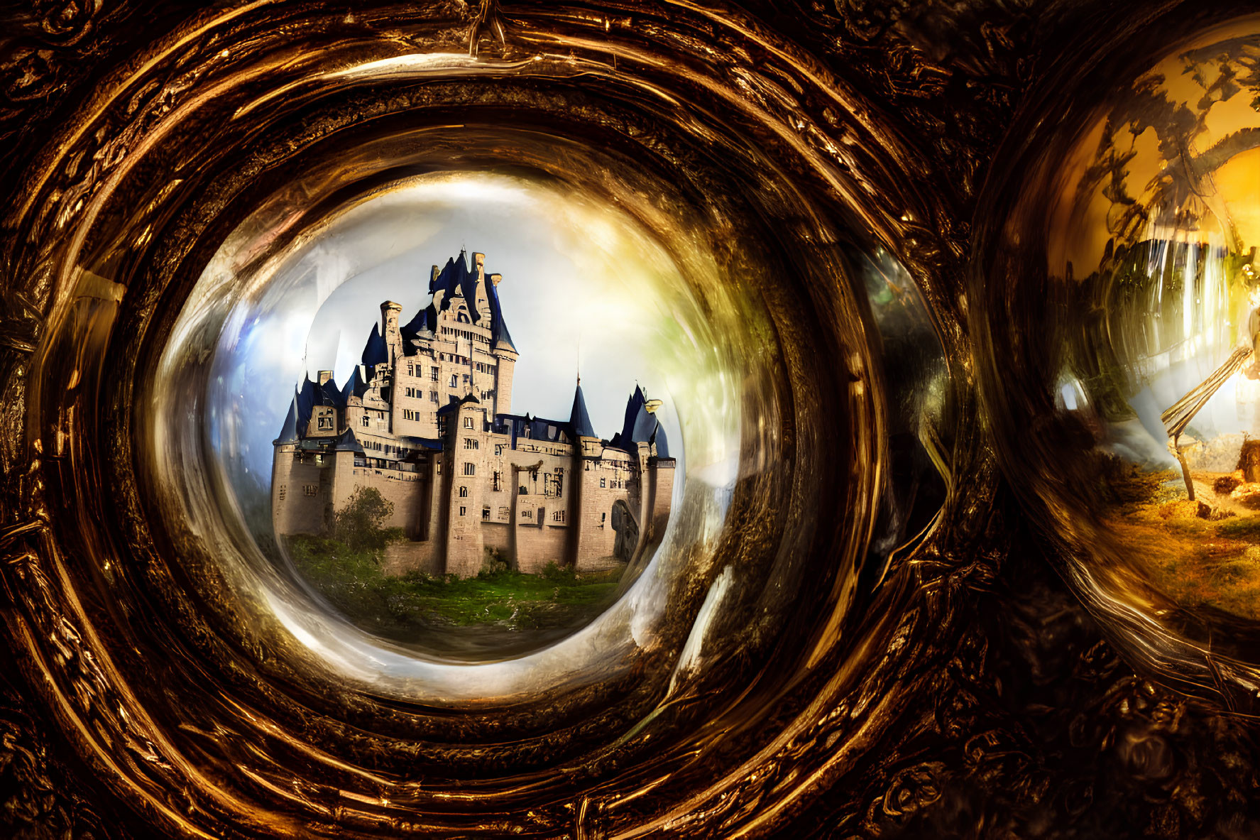 Surreal fisheye view of castle in ornate golden frame