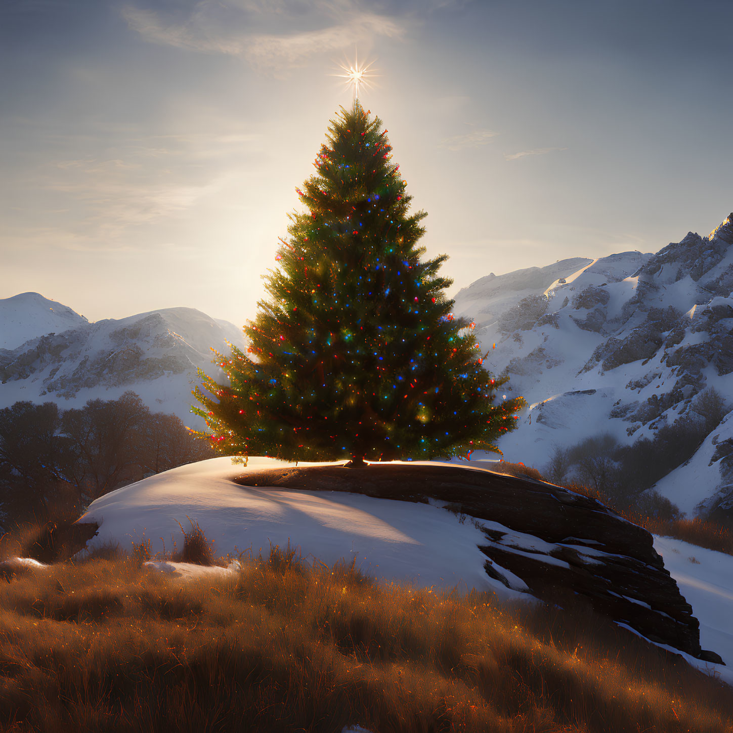 Snowy hill Christmas tree with twinkling lights and star, set against winter sunset.